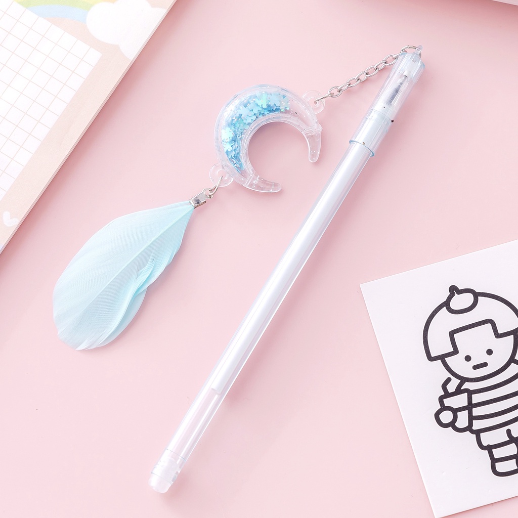 Bút bi nước mực đen gắn sợi lông chim mặt trăng dễ thương KUMI STORE