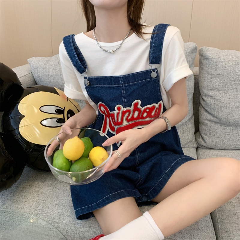 Jumpsuit Denim Thêu Chữ Dễ Phối Đồ Thời Trang Mùa Hè Cho Nữ