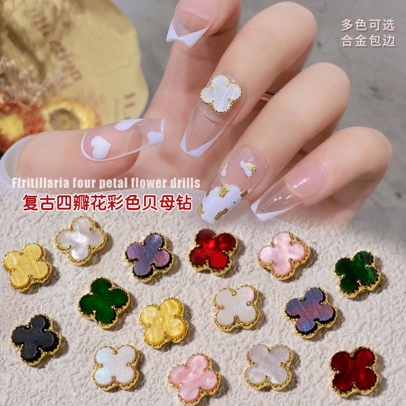 Charm viền kim loại ánh ngọc trai trang trí móng - charm nail cỏ bốn lá