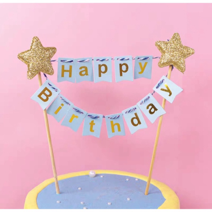 đồ trang trí bánh kem [FREESHIP❤️] khung dây HPBD sao vàng