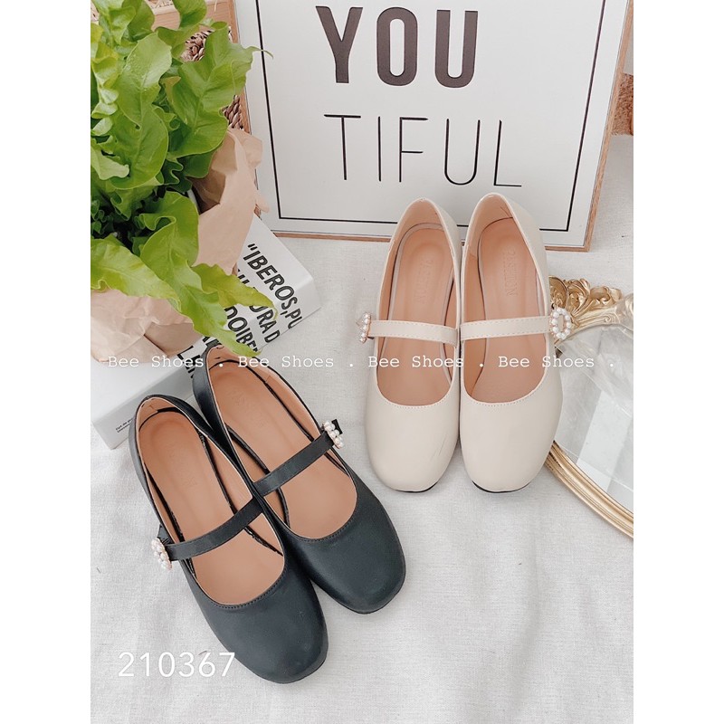 BEESHOES - GIÀY BÚP BÊ NỮ MŨI VUÔNG QUAI NGANG - GIÀY BÚP BÊ NỮ MŨI VUÔNG GÓT VUÔNG CAO 4 PHÂN SẴN MÀU ĐEN - KEM 210367