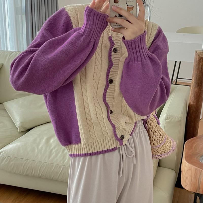 Áo Khoác Cardigan Dệt Kim Màu Sắc Tương Phản Phong Cách Vintage Cho Nữ