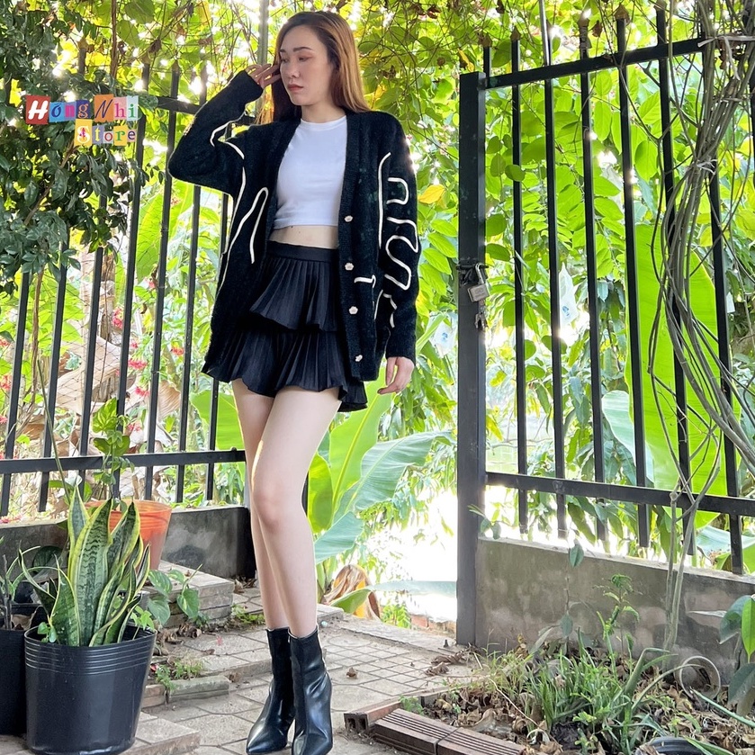 Áo Khoác Cardigan Len Lông Cúc Gài Phối Sọc Dáng Rộng Cao Cấp Ulzzang