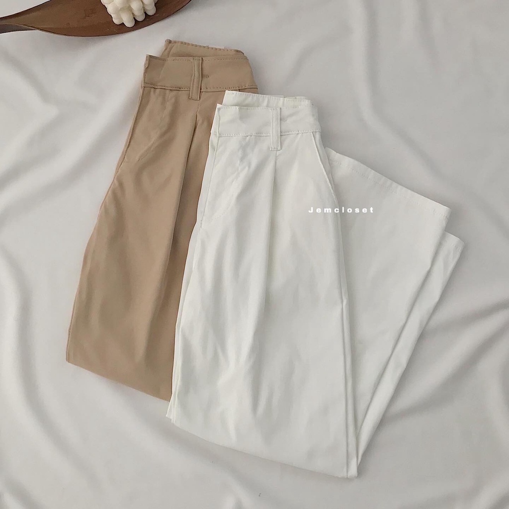 Quần Kaki Nữ Ống Rộng JEMCLOSET Màu Trắng Be Dáng Suông Thiết Kế Basic Lên Form Siêu Hack Dáng LYEN  2730