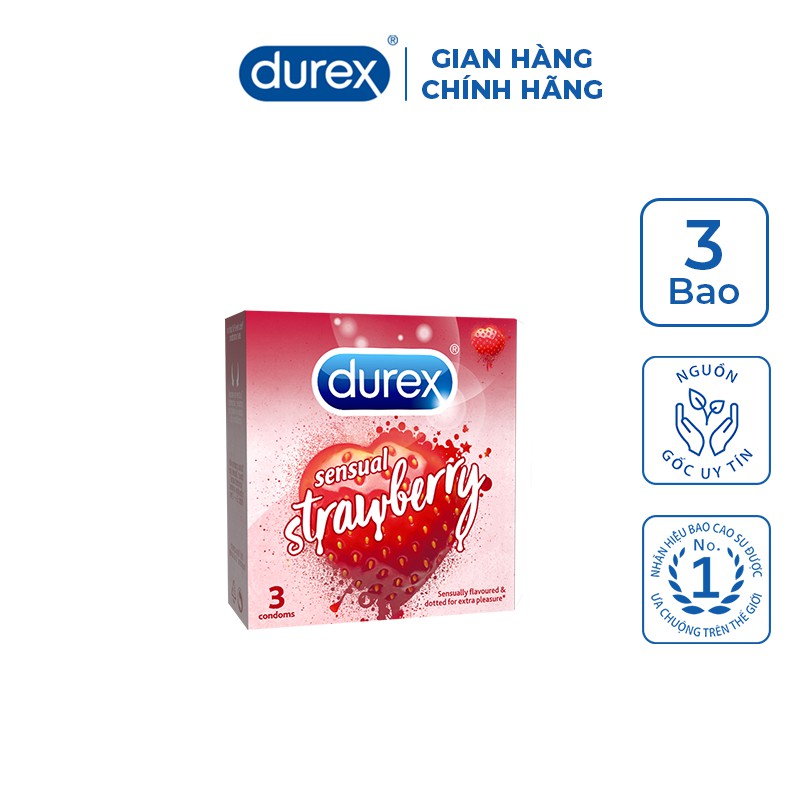 Bao cao su Durex Sensual Strawberry hương dâu (size 52mm, 3 bao/hộp)