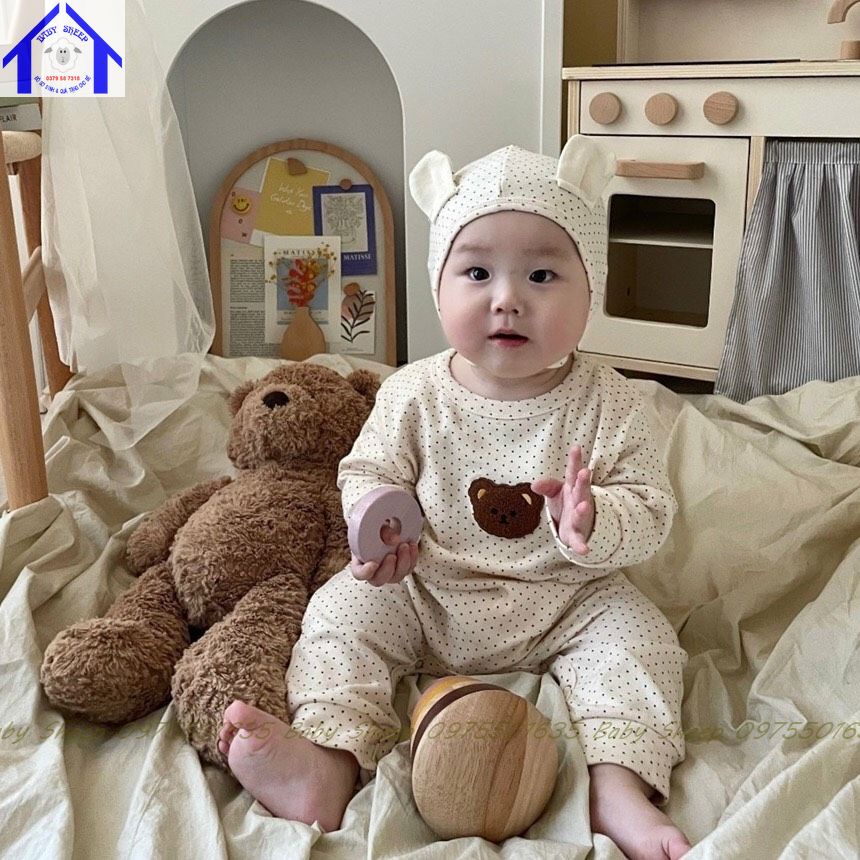 Bộ Áo Liền Quần Kèm Mũ Gấu Len ngực Phong Cách Hàn Quốc Xinh Xắn Dành Cho Bé 0-3 tuổi