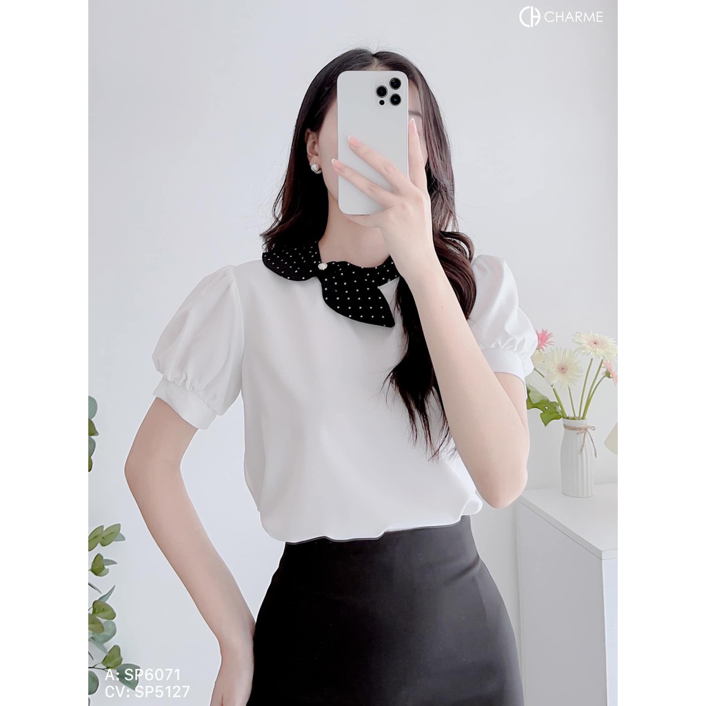 Áo sơ mi nữ trơn tay ngắn thiết kế Charme cổ phối nơ chấm bi thanh lịch 6071