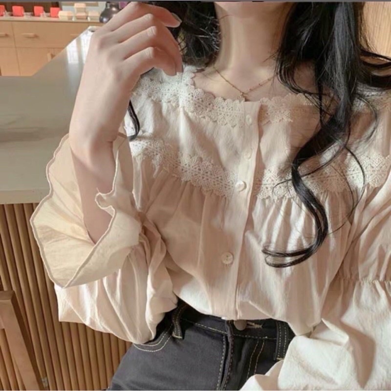 Áo babydoll cổ vuông viền ren bo tay style Ulzzang