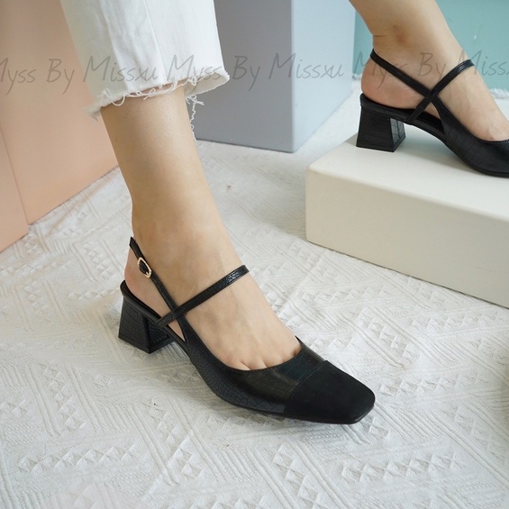 Giày mũi vuông phối da lộn quai cài sau 5 cm thời trang MYSS - CG236