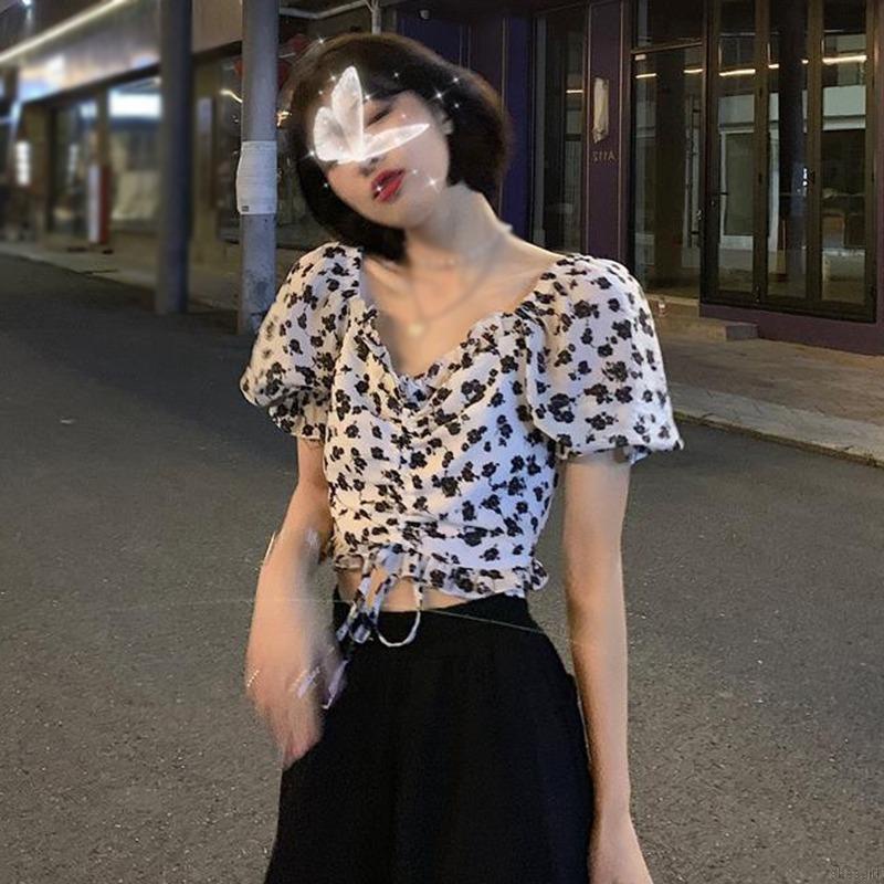 Áo croptop tay ngắn dáng ôm phối dây rút họa tiết hoa phong cách Pháp thời trang cho nữ