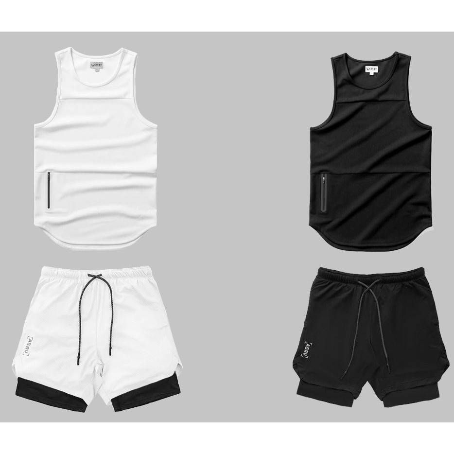 Bộ đồ tập gym nam/ Tanktop ASRV kết hợp quần tập gym nam 2 lớp và áo gym 3 lỗ nam Gymmk