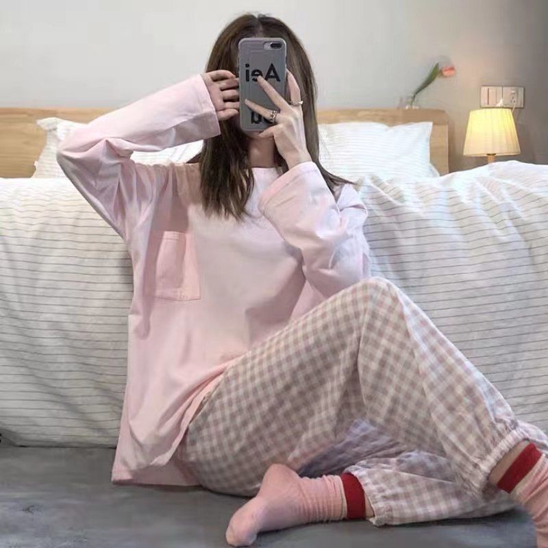 Bộ đồ mặc nhà tay dài kẻ sọc caro 3 màu sắc phong cách Nhật Bản cho nữ
