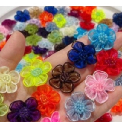 set 5-20 hoa vải voan nhụy đính cườm 25mm dễ thương đính áo, trang trí handmade, cột tóc