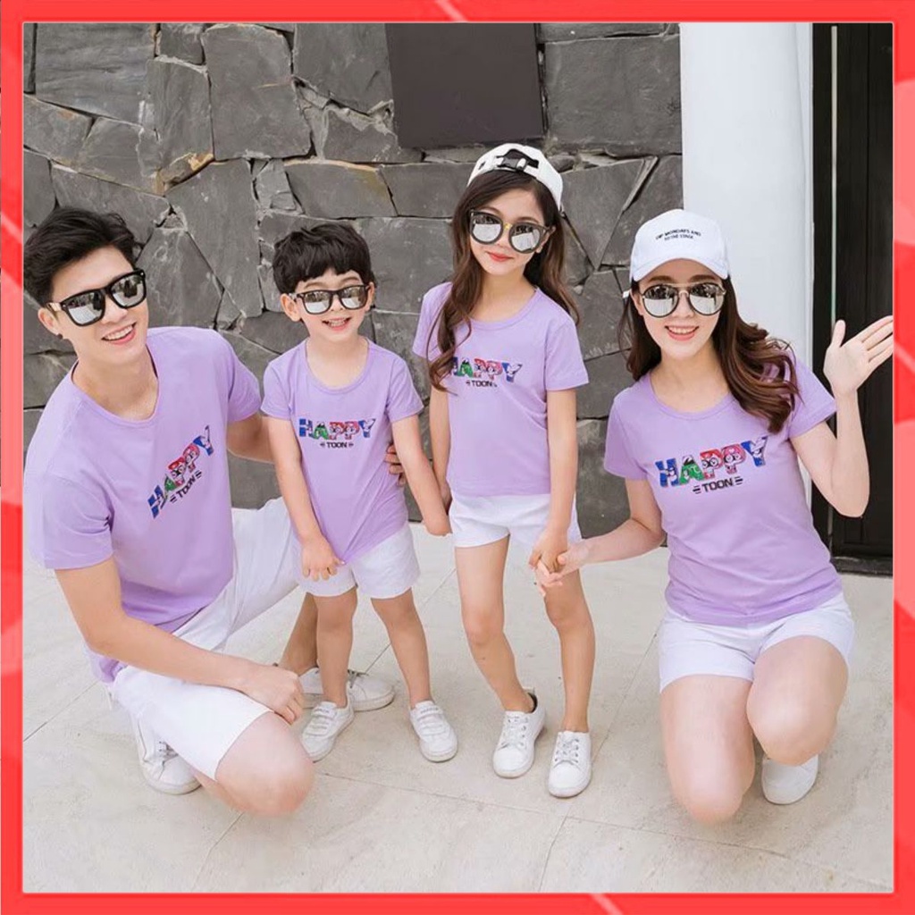 Áo gia đình Familylove -mẫu áo gia đình in chữ  HAPPY TOON nhiều sắc màu chất cotton 100 cao cấp