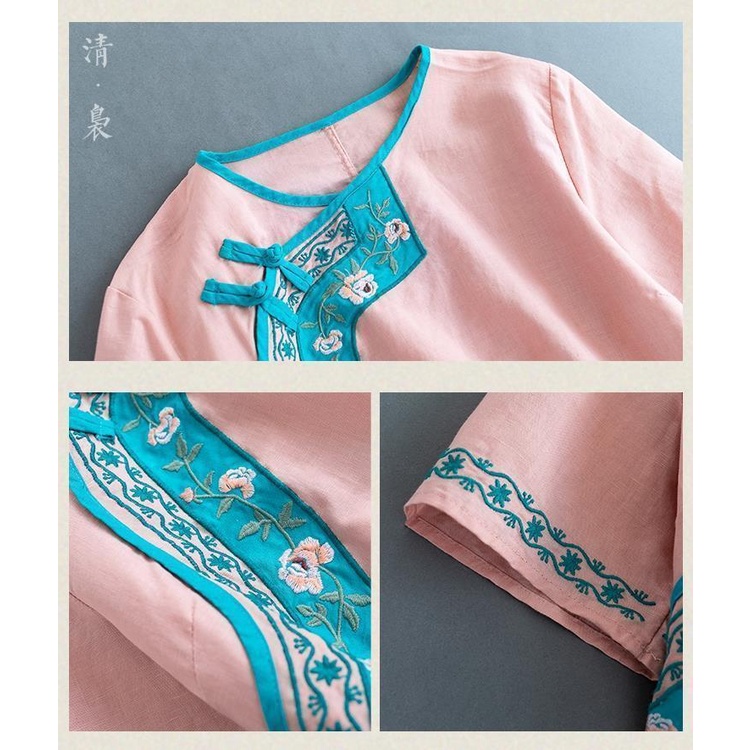 Áo Thun cotton Lanh Cổ Tròn Tay Ngắn Dáng Rộng Thêu Họa Tiết Phong Cách Cổ Điển Cho Nữ