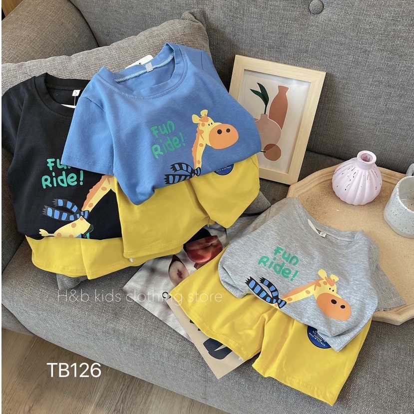 Bộ cộc tay bé trai cotton thoáng mát, in hình hươu cao cổ đáng yêu size 8 - 18 kg