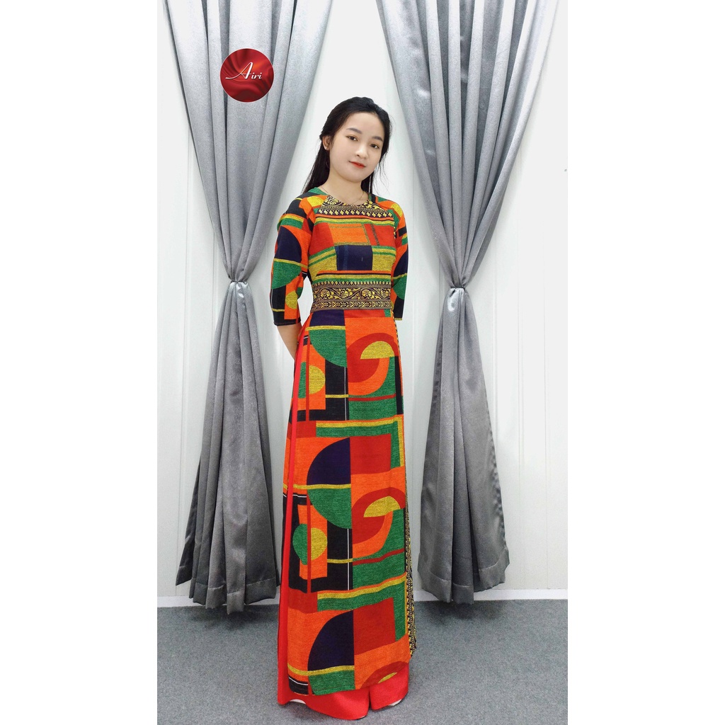 Áo dài nữ họa tiết thổ cẩm thời trang cổ tròn - Áo dài Airi