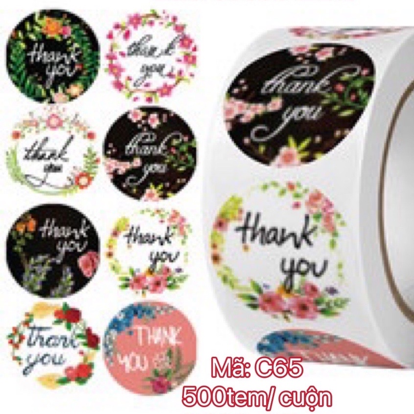 TEM01_STICKER-Tem chữ " Thank you"  SIZE  2.5CM, 500TEM/CUỘN- NHIỀU MẪU ĐẸP
