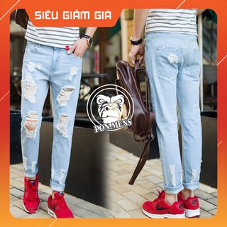 Quần jean xanh baggy rách gối nam nữ mặc hè