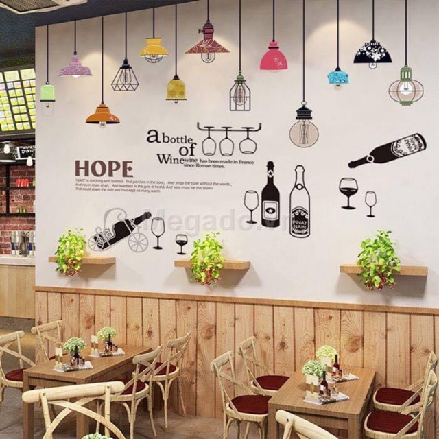 Bộ Combo decal trang trí tường - Đèn Hope phối Quầy Rượu( 2 tấm )