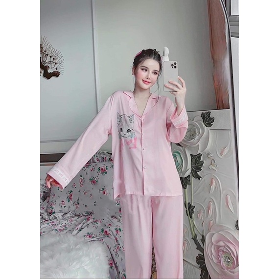 Bộ pijama mặc nhà Lụa tay dài quần dài viền chân sang trọng