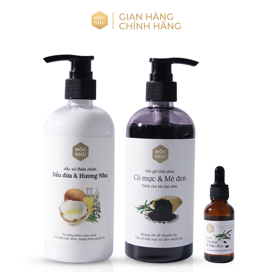Combo Ngăn Tóc Bạc Toàn Diện - Dầu Gội Cỏ Mực 300ml + Dầu Xả Dầu Dừa Hương Nhu 300ml + Serum Cỏ Mực 30ml