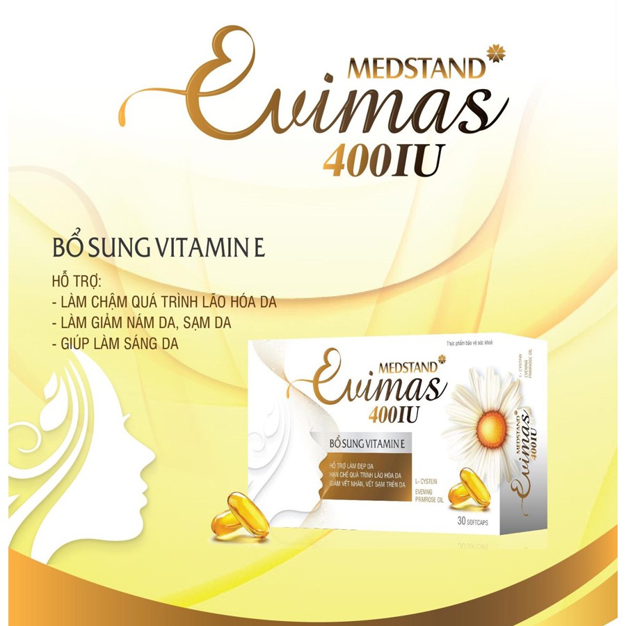 Viên uống đẹp da Vitamin E, dầu hoa anh thảo, lô hội Medstand Evimas 400IU- Hộp 30 Viên