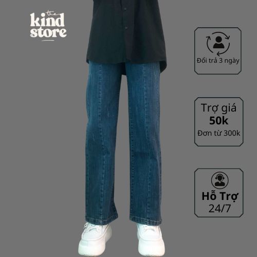 Quần jean ống rộng đường line ống quần Thekindstore, quần ống xuông cạp cao nữ QB32