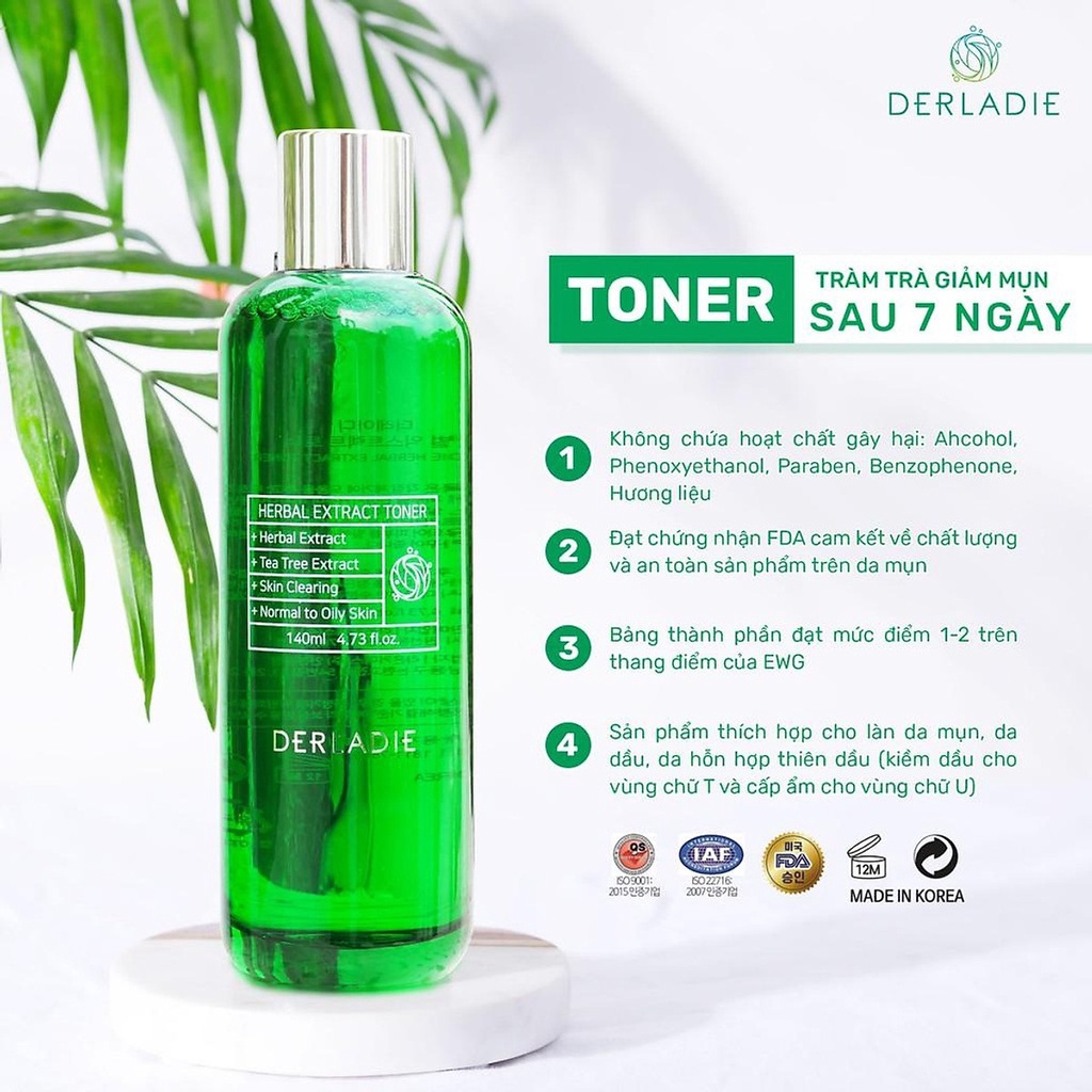 Toner Tràm Trà Giảm Mụn Sau 7 Ngày Derladie Herbal Extract 140ml