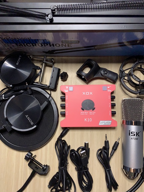 Bộ thu âm AT350 Sound Card XOX K10 2020 màu hồng phiên bản tiếng anh chân màng- dây livestream của k10