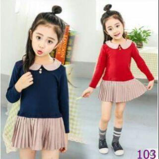 Váy bé gái cổ sen tay dài, tùng dập li [12 - 25kg]