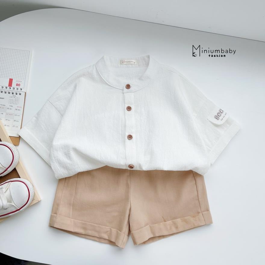 Áo sơ mi thô boi cộc tay mùa hè cho bé trai họa tiết hổ, gấu MiniumBaby-A1215