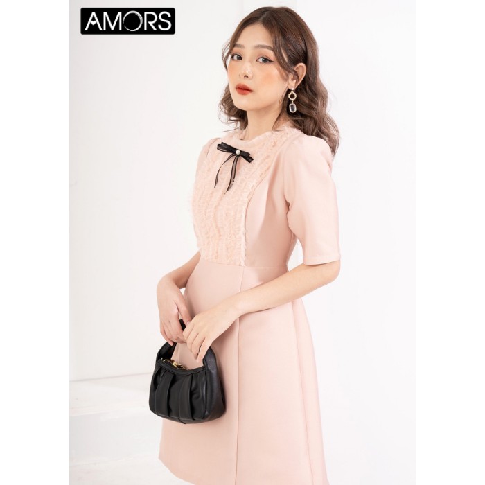 Váy đầm tafta cổ tròn xếp bèo nhún ren ngực tay lỡ AMORS V022 chân váy A màu hồng vỏ đỗ