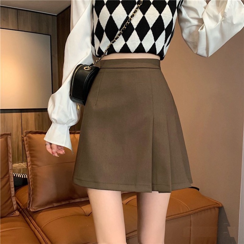 chân váy ngắn chữ A xếp ly lệch tà có quần trong 2 màu nội y xanh chất đẹp mầu nâu, đen