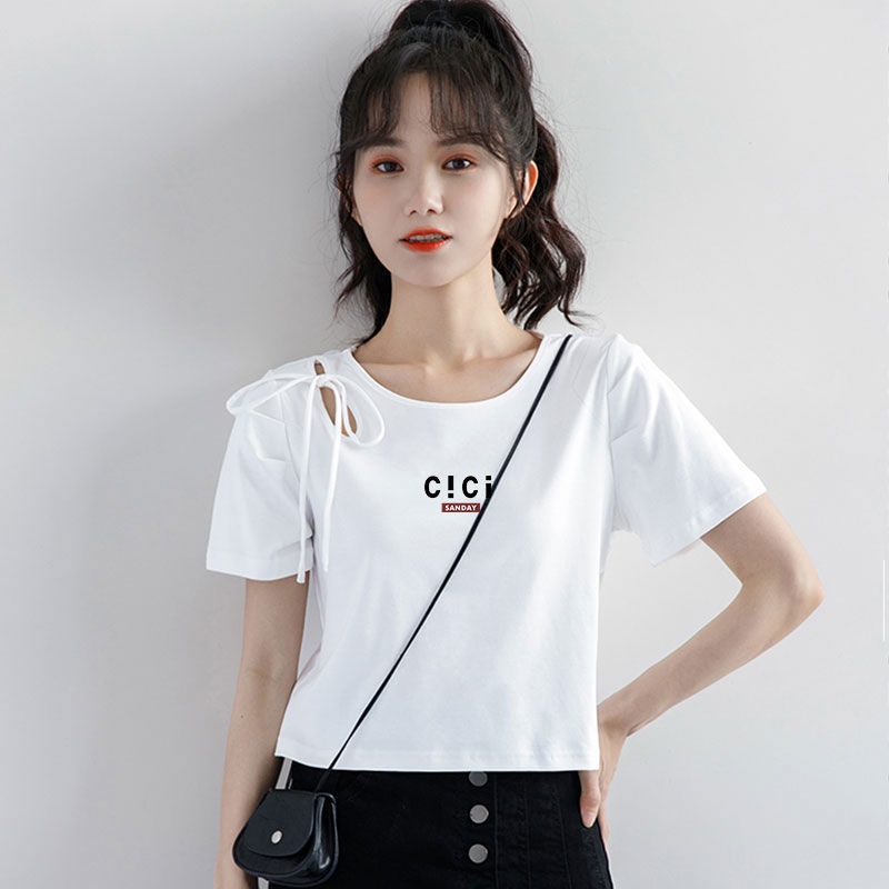 AMOI Áo Thun Dáng Ngắn Phối Rách Thời Trang 2022 Cho Nữ