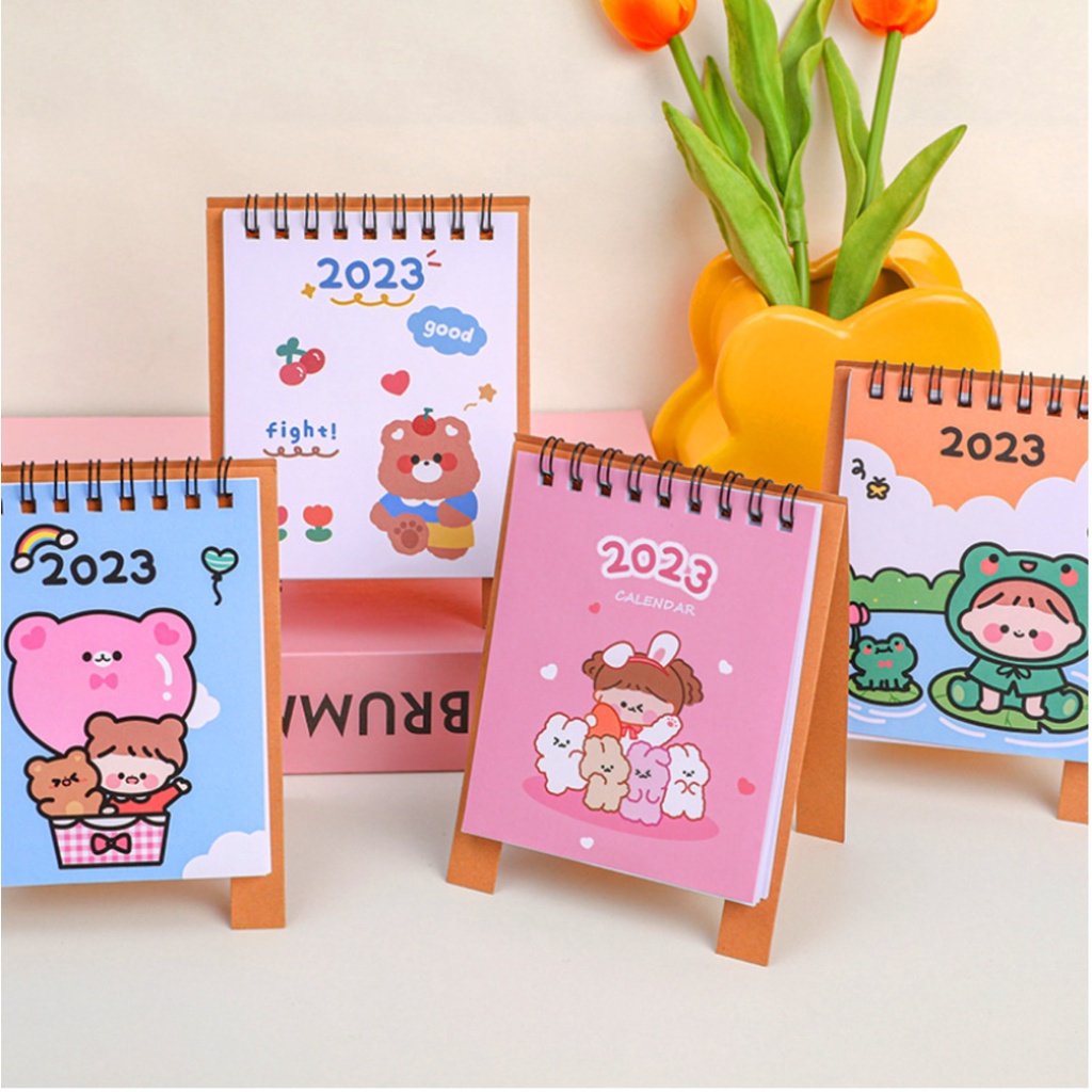 Lịch 2023 để bàn hình gấu thỏ dễ thương - Lịch chữ A mini trang trí bàn học, bàn làm việc kèm NOTE cute, Sỉ Lịch 2023