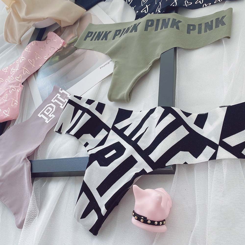 Quần Lót Nữ Lọt Khe Không Đường May In Chữ Màu Hồng Chất Liệu Lụa Lạnh Thoáng Khí