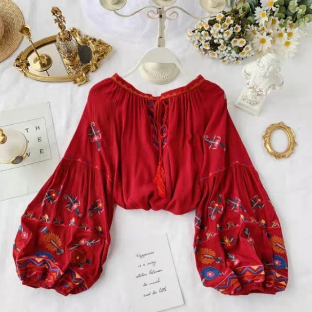 Áo sơ mi tay thêu Vintage, phong cách boho họa tiết thổ cẩm -HÀNG ORDER CHINA