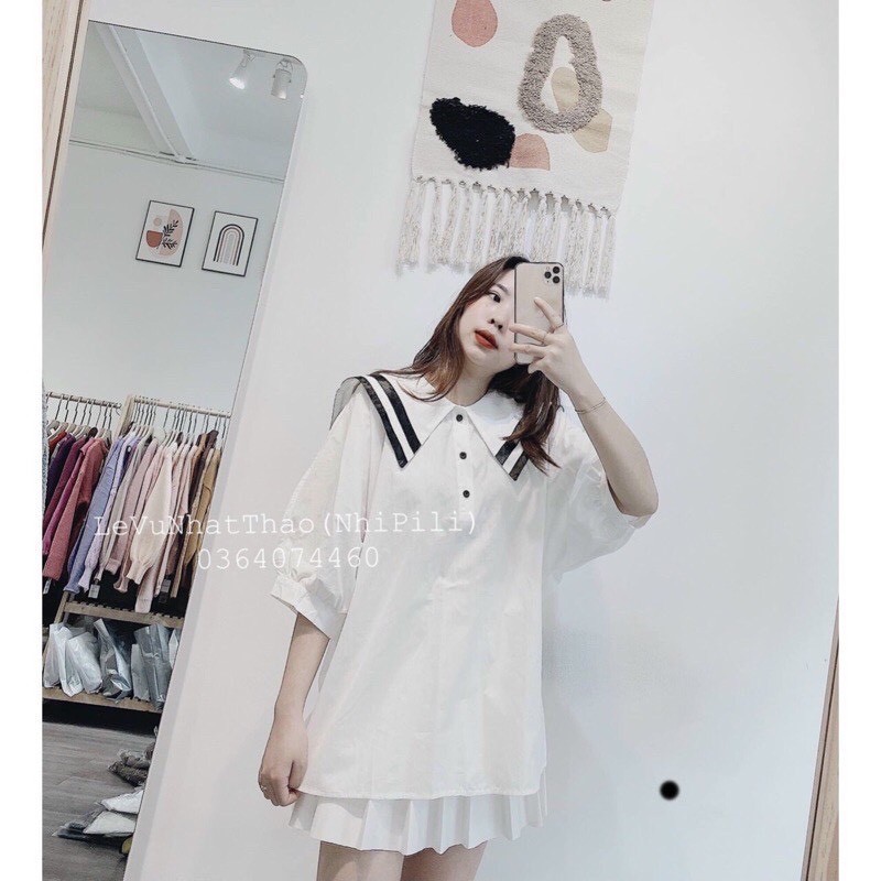 Áo Babydoll Sơ Mi Tay Ngắn Bồng Họa Tiết Viền Đen Cổ Thủy Thủ - Áo Hải Quân Somi Phối Cúc Ngực Ulzzang