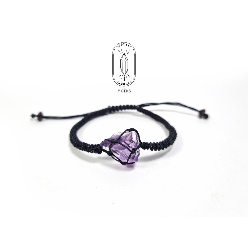 Vòng tay Amethyst thô tự nhiên dây rút điều chỉnh độ dài