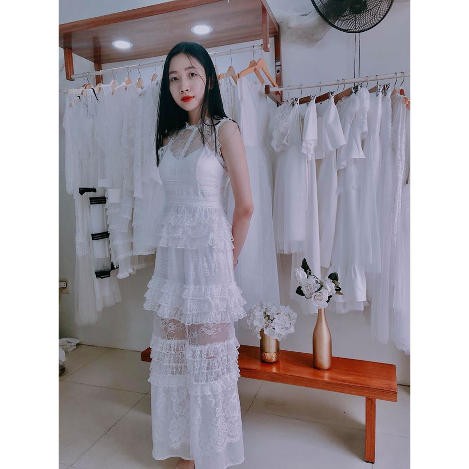Đầm ren dự tiệc thiết kế maxi dài, ren nhiều tầng sang trọng, thích hợp đi biển, chụp ảnh cưới (kèm ảnh thật)