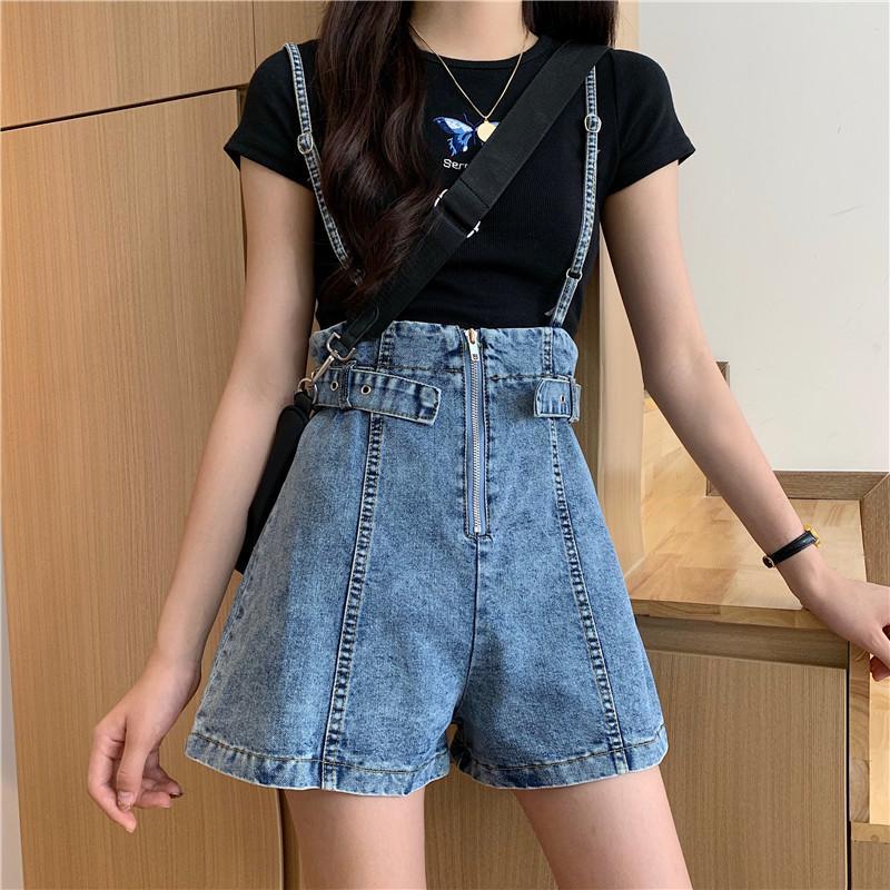 Quần yếm denim ngắn lưng cao phối khóa kéo thời trang