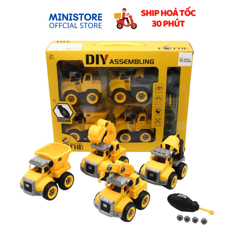 Đồ Chơi Lắp Ghép Mô Hình Oto Xây Dựng DIY 4 Món Gồm Cần Cẩu Sang Xe Trộn Bê Tông, Máy Xúc Và Chở Đất, Đồ Chơi Trẻ Em