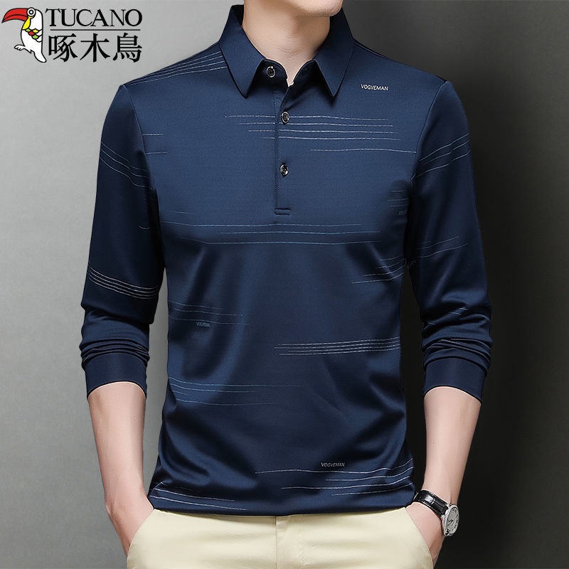 Áo polo Tay Dài Vải Lụa Lạnh Thời Trang Xuân Thu Cho Đàn Ông Trung Niên