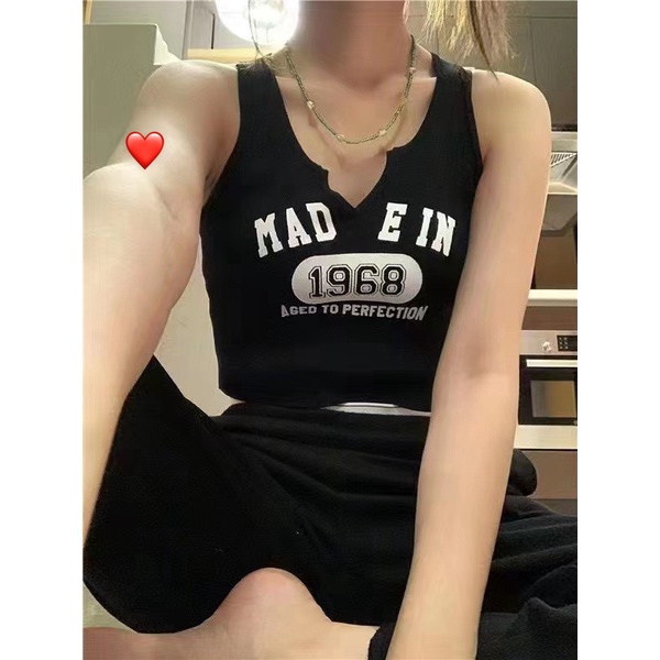 Áo ba lỗ V cổ croptop in chữ số 1968 cực xinh , chất thun gân mềm mịn