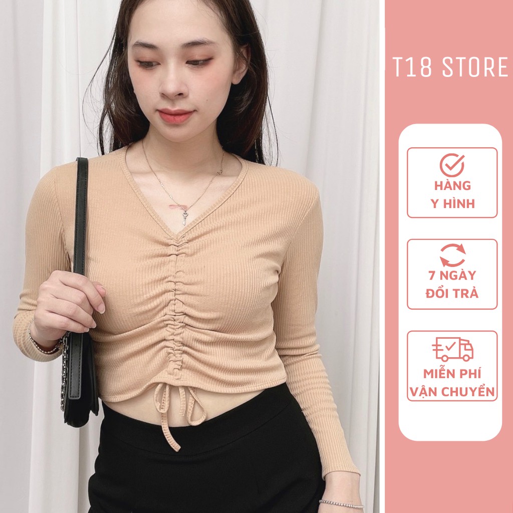 Áo croptop nữ tay dài kiểu ôm rút dây cổ tim bigsize thun body T18 STORE  CT03