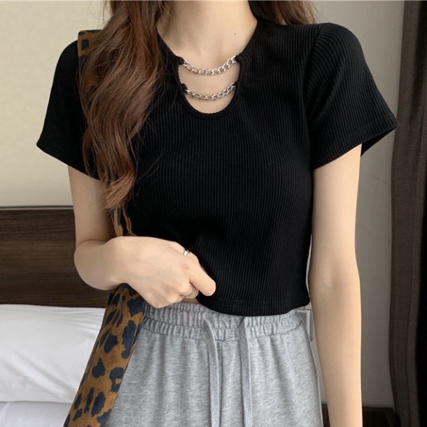 Áo thun tay cộc XÍCH CỔ eo cao phong thái korea trang điểm ngày hè cho nữ