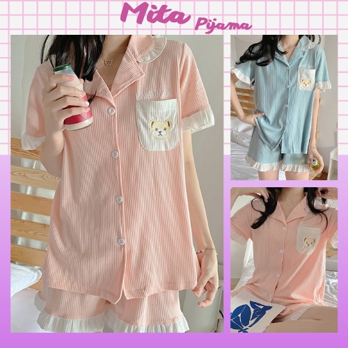 Đồ bộ nữ mặc nhà pijama tay ngắn cotton sợi tre cao cấp viền bèo dễ thương - CTN3