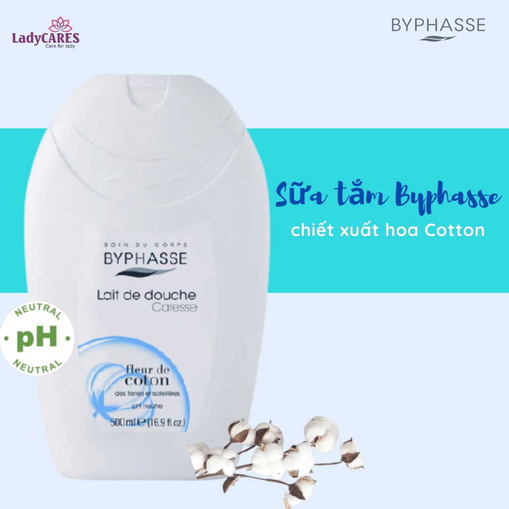 Sữa tắm dưỡng da Byphasse tinh chất hoa Cotton 500ml - Dưỡng ẩm, tăng collagen, chậm lão hóa - TẶNG 1 KHĂN NÉN