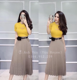 Chân váy xếp li da lộn